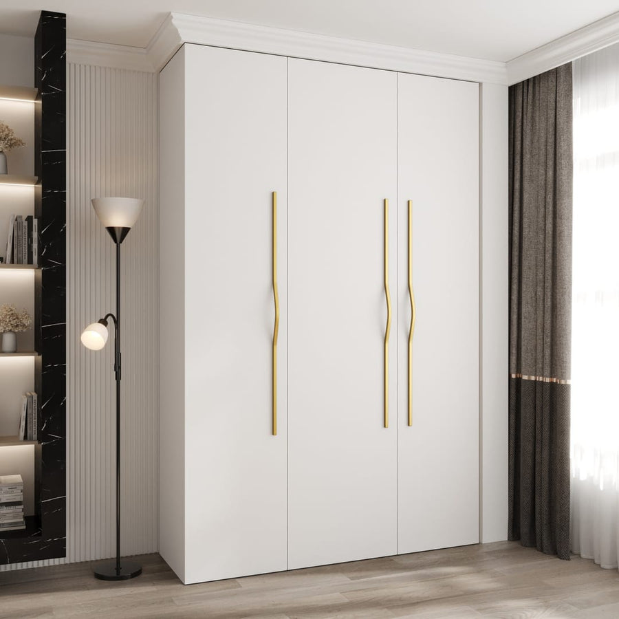 Como II Hinged Door Wardrobe 160cm with three white doors and gold handles in a bedroom setting