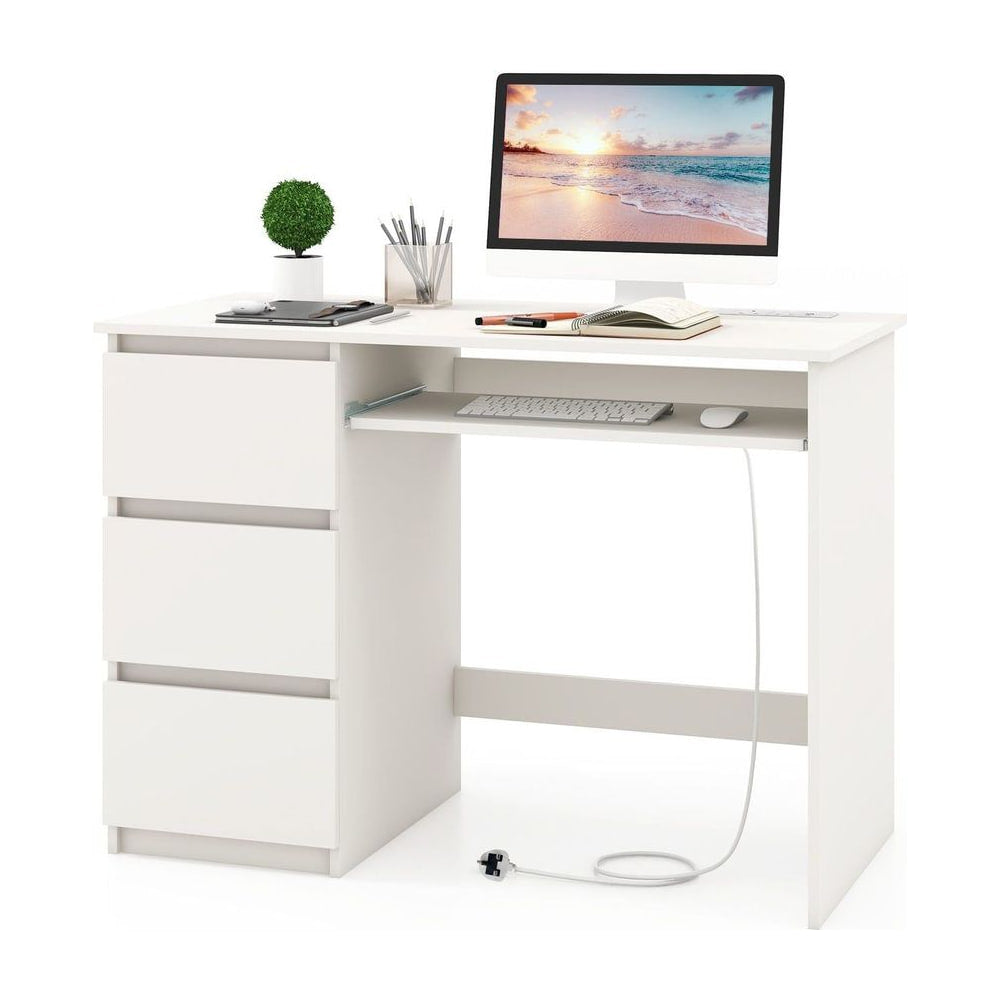 Computer Desk with 3 Large Drawers and Power Outlet-White, a white desk with a keyboard tray and three drawers on the left