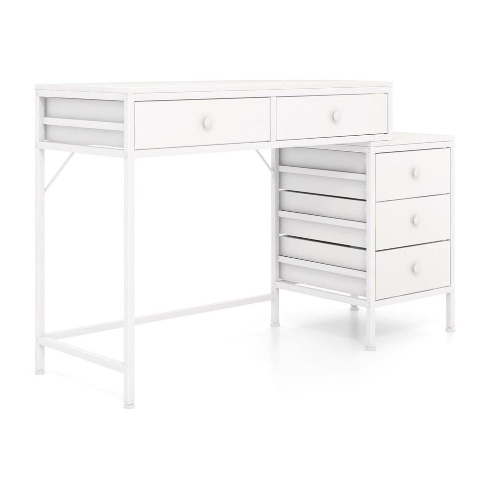 Computer Desk with 5 Drawers and Side File Cabinet in white with a metal frame