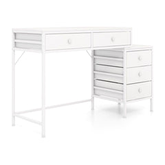 Computer Desk with 5 Drawers and Side File Cabinet in white with a metal frame