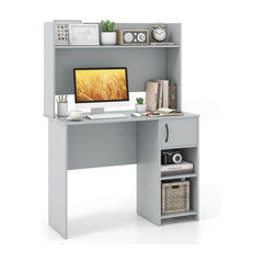 Computer Desk with Hutch and 2 Open Shelves shown with a computer and various decorative items