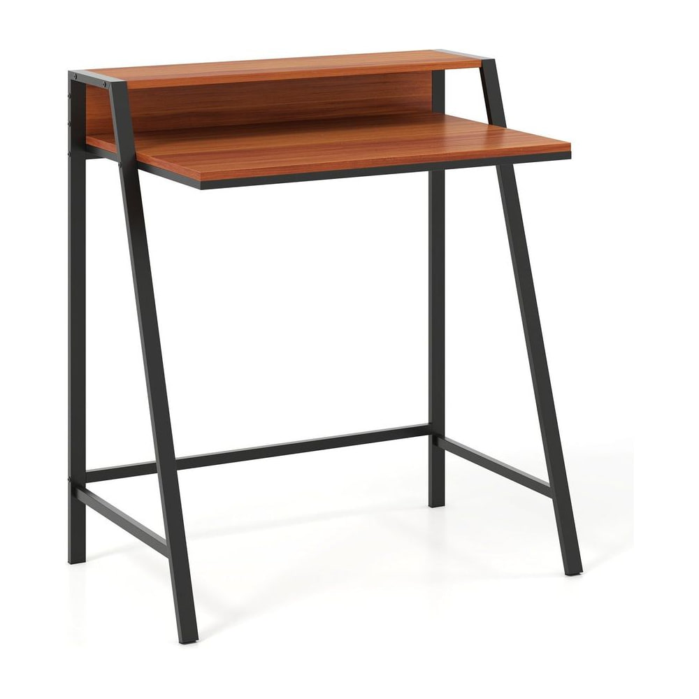 Computer Desk with monitor stand and brown wood effect top with black metal legs