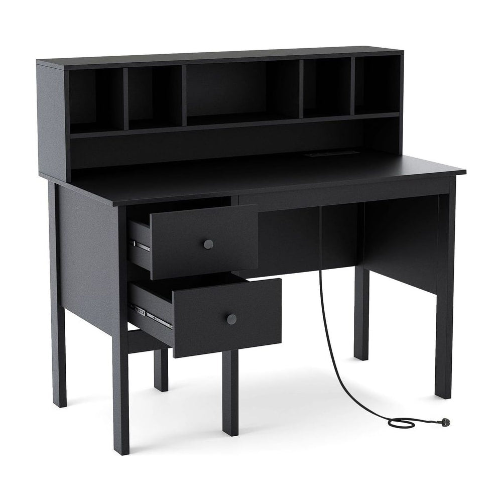 Computer Desk with Power Outlets and Hutch in black with two open drawers and a hutch with shelves