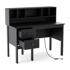 Computer Desk with Power Outlets and Hutch in black with two open drawers and a hutch with shelves