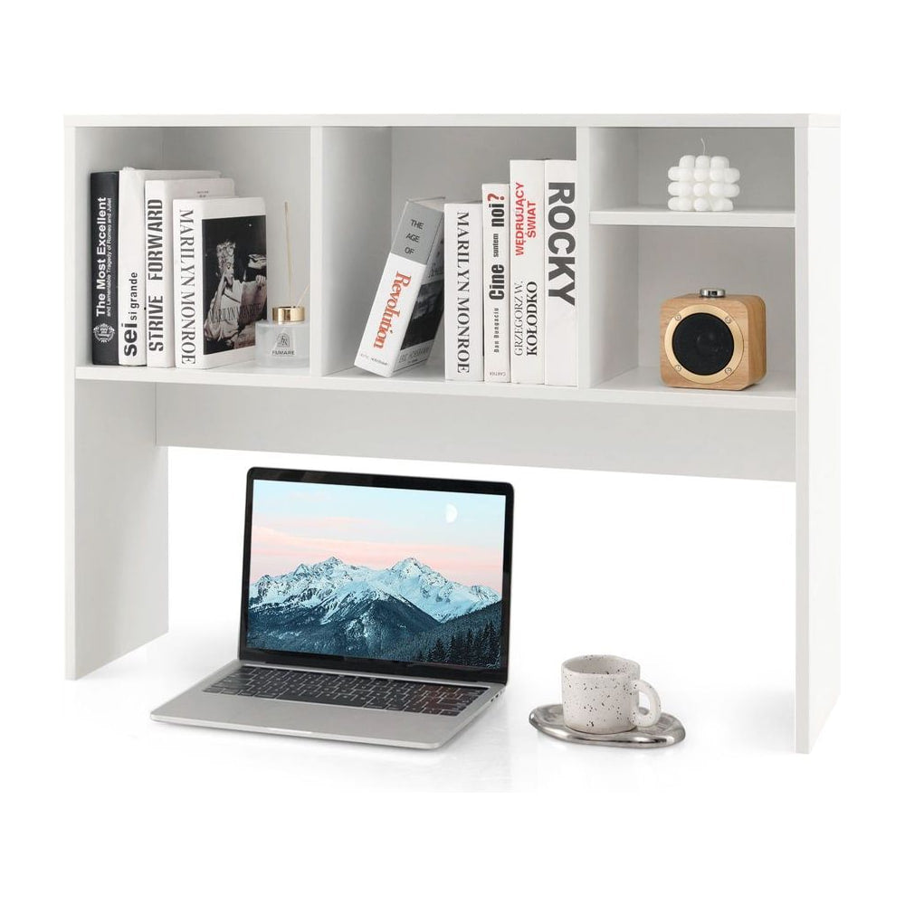 Computer Desktop Bookcase with books and a speaker on the shelves above a laptop