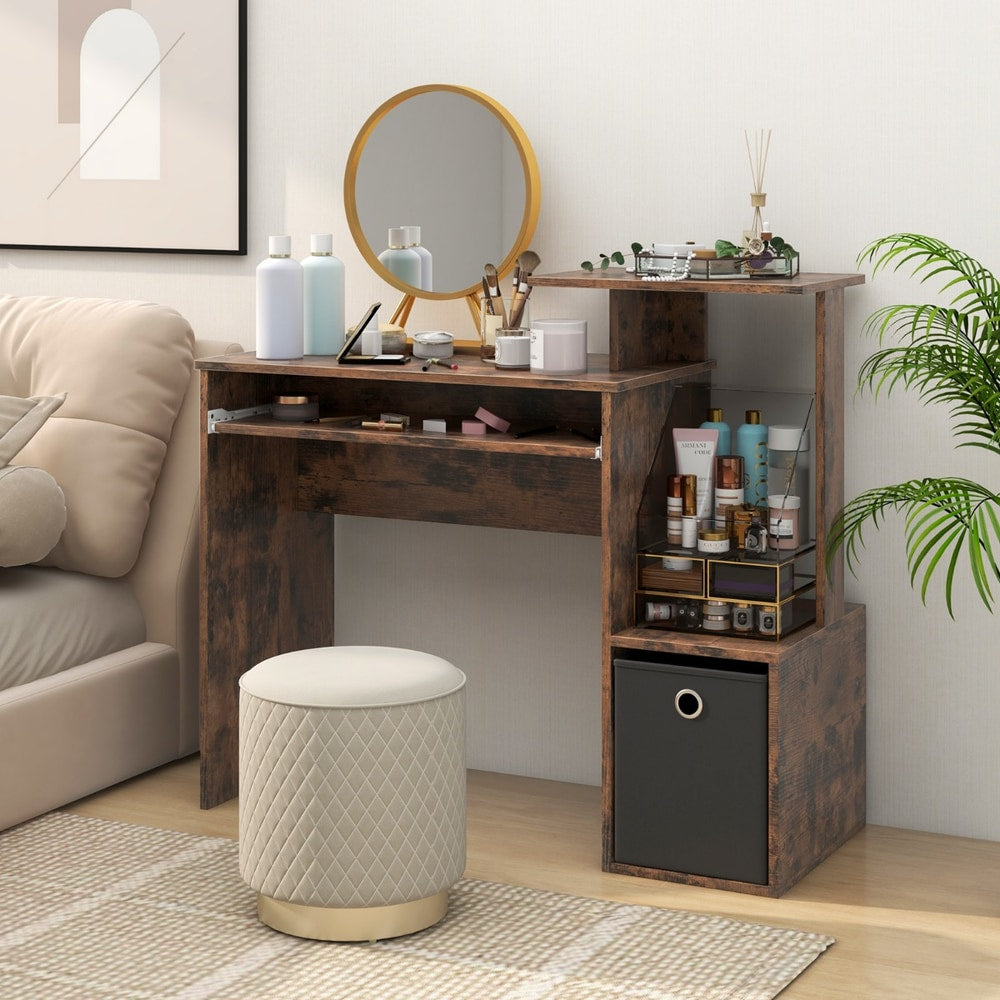 The office desk used as a vanity table with a mirror, cosmetics and a small stool