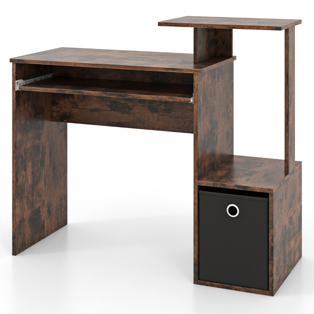 The office desk shown empty with the keyboard tray and fabric storage drawer