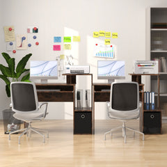 Two office desks placed side by side in a home office with computers and chairs