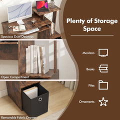 The office desk highlighting storage features including the shelf and fabric drawer
