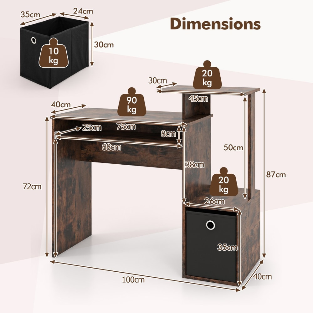 The office desk showing all external dimensions and weight capacity labels