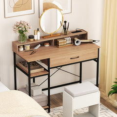 Computer Desk with Power Outlets and Top Shelf-Natural