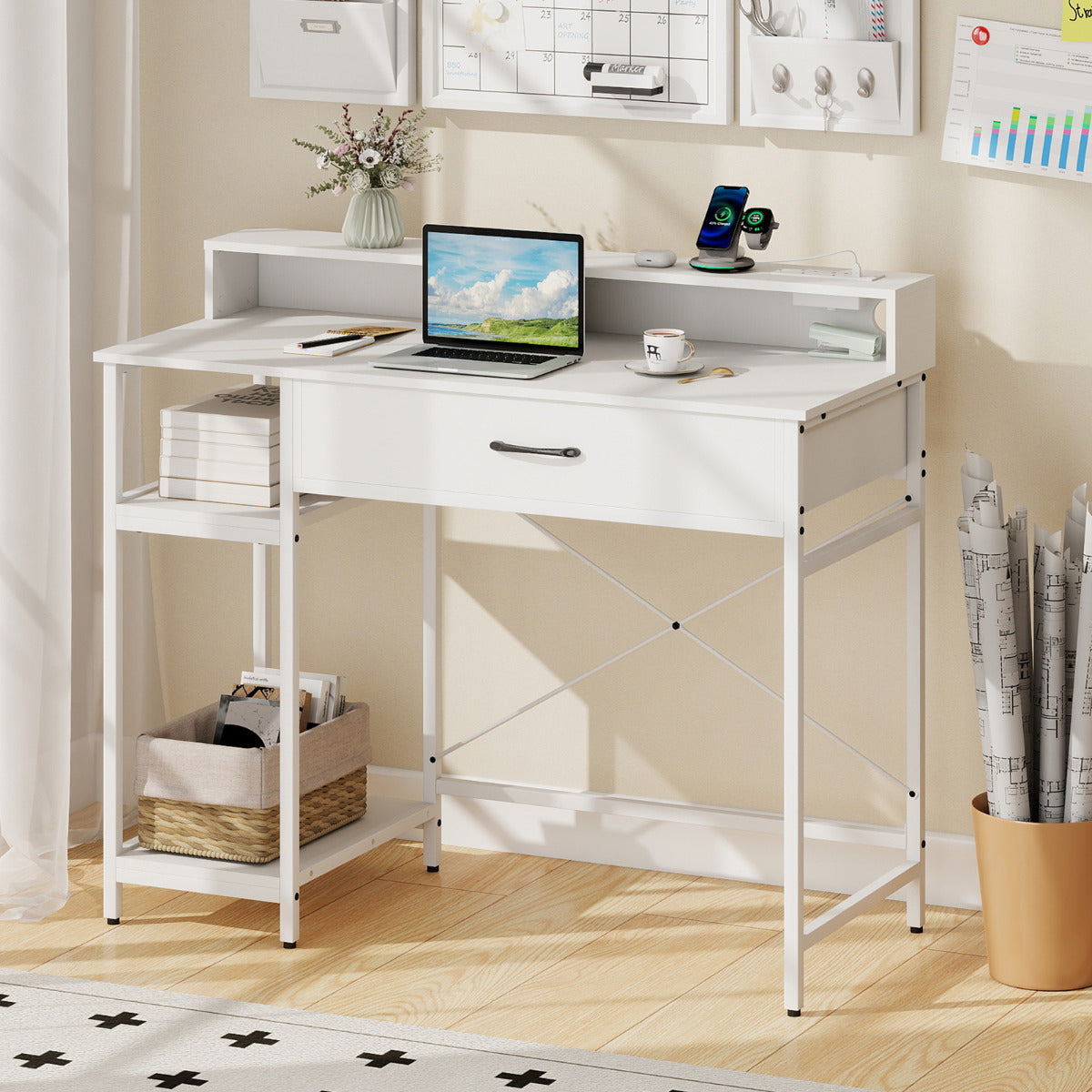 Computer Desk with Power Outlets and Top Shelf-White