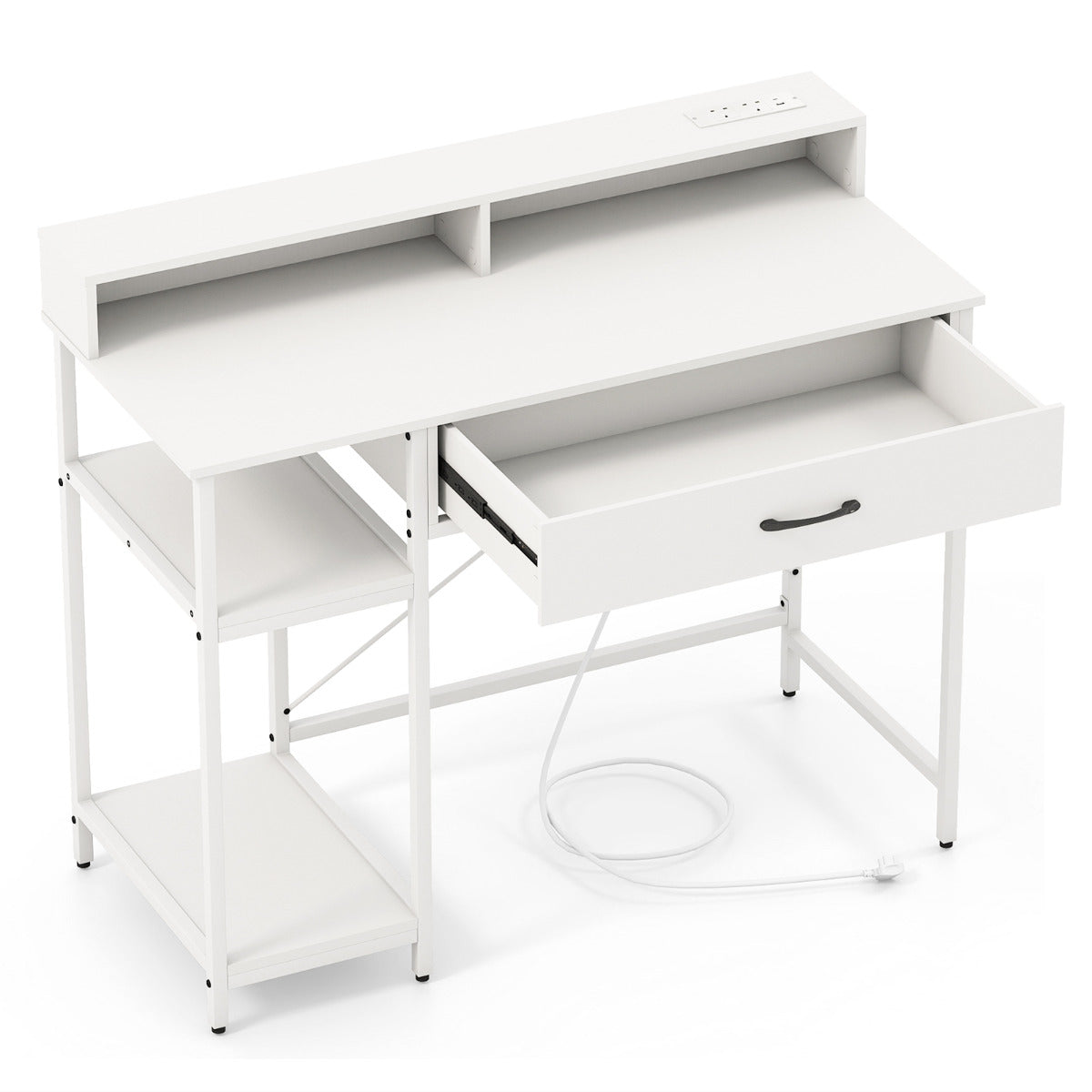 Computer Desk with Power Outlets and Top Shelf-White