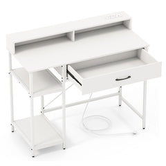 Computer Desk with Power Outlets and Top Shelf-White