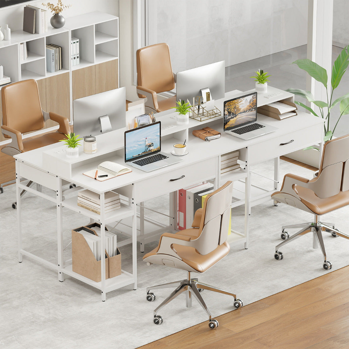 Computer Desk with Power Outlets and Top Shelf-White