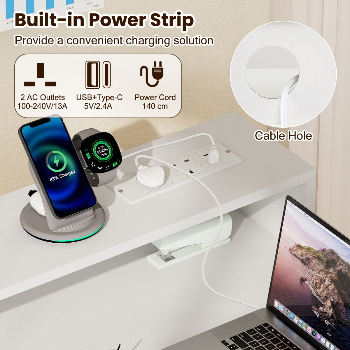 Computer Desk with Power Outlets and Top Shelf-White