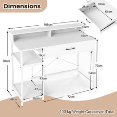 Computer Desk with Power Outlets and Top Shelf-White