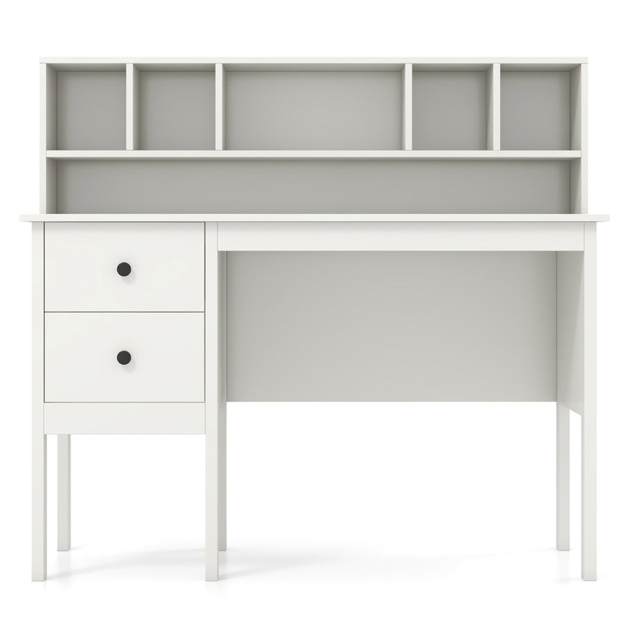 Computer Desk with Power Outlets and 5-Cubby Hutch-White