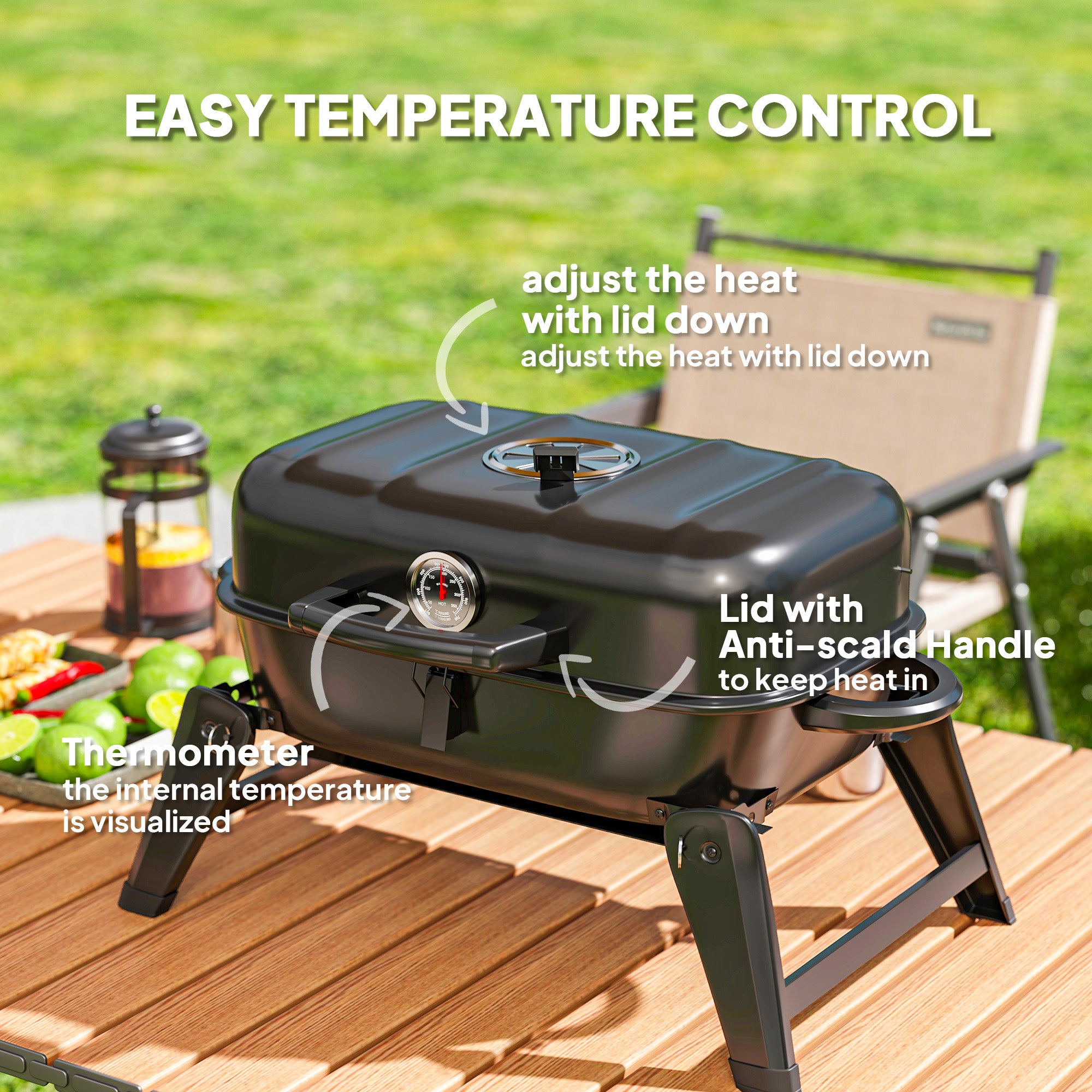 Outsunny Charcoal Barbecue Grill Folding BBQ Grill with 1232 cm√Ç¬≤ Cooking Area, Adjustable Vent, Thermometer, Handles for Camping Picnic, Black