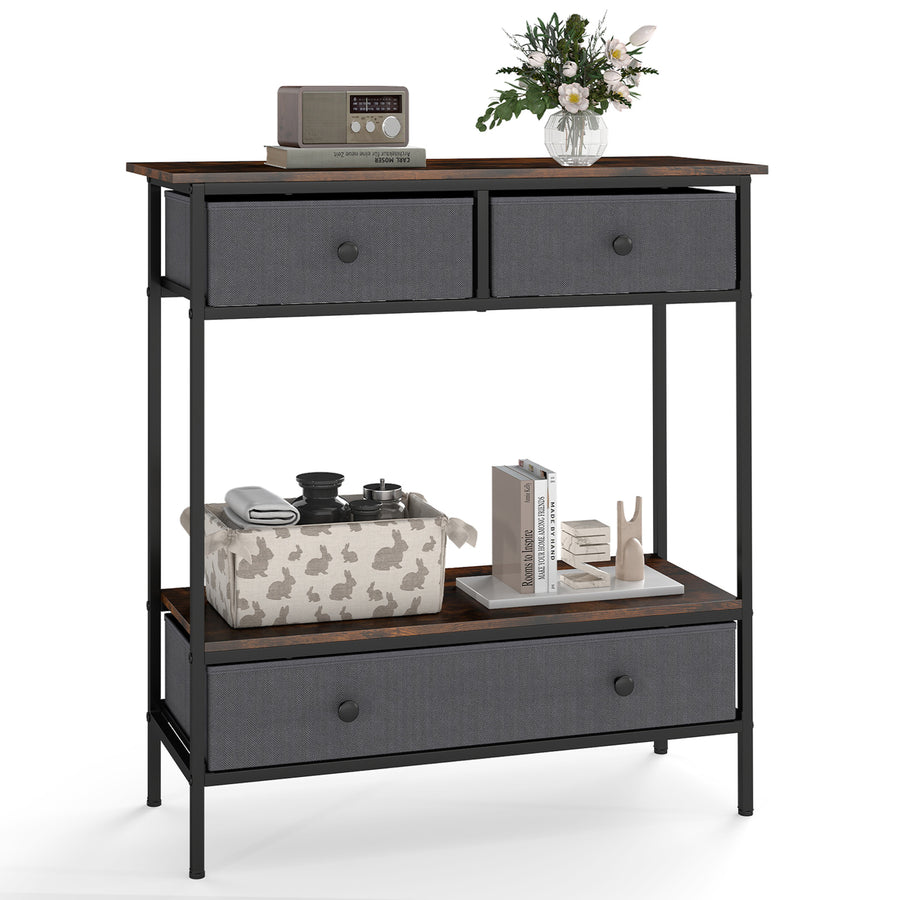 Console Table with two fabric drawers on top and one large fabric drawer below, set against a white background