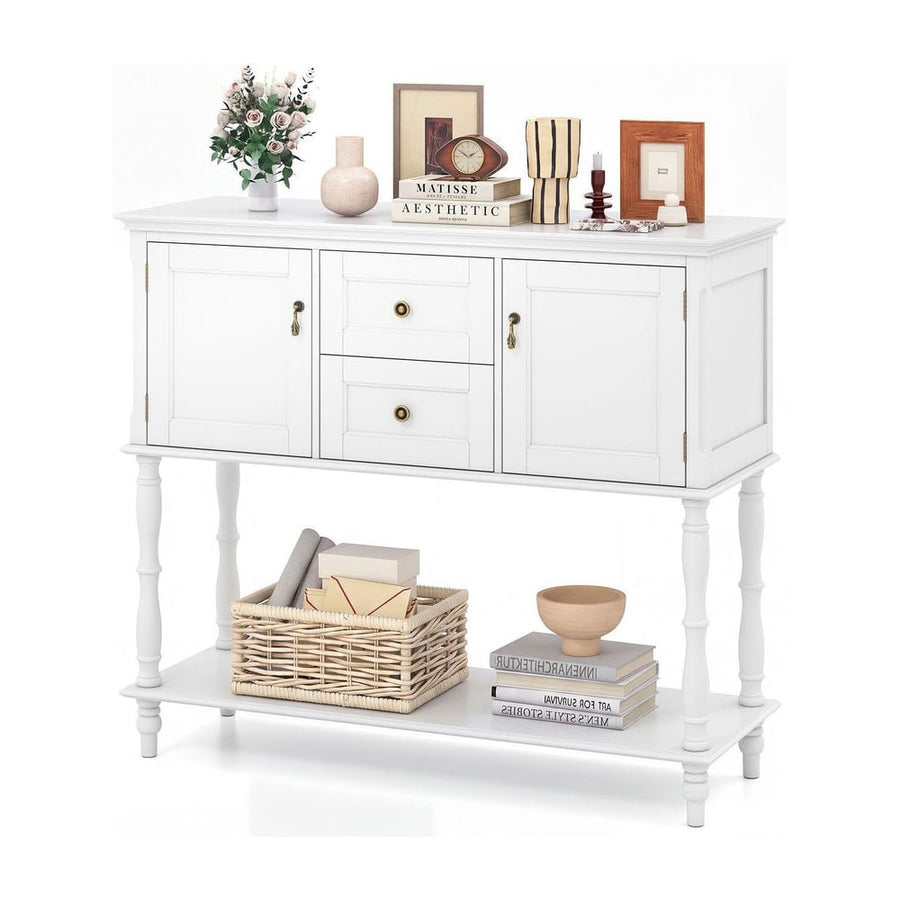 Console Table with two drawers and two cabinets decorated with books and a basket on the shelf