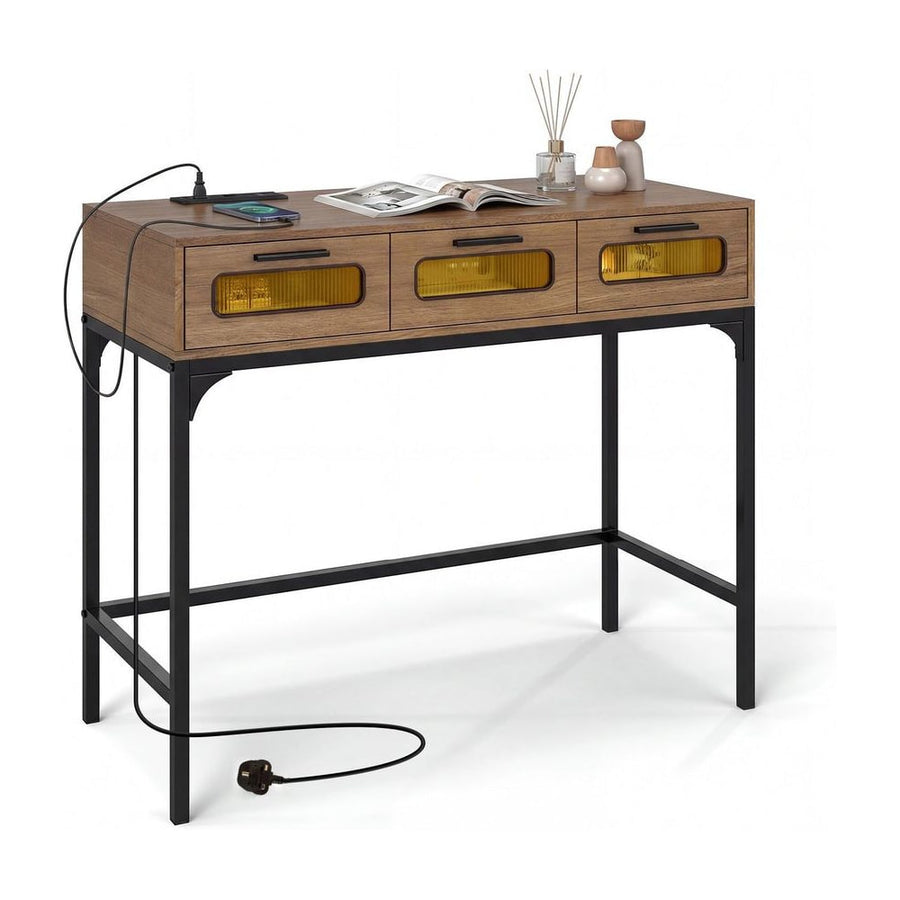 Console Table with three drawers featuring yellow glass panels and a black metal frame