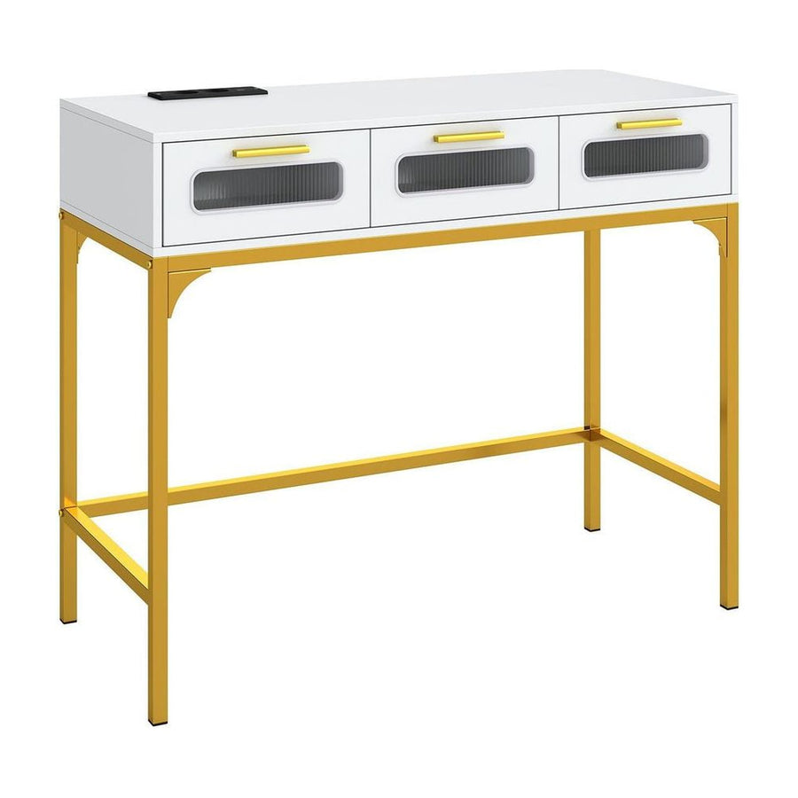Console Table with charging station, drawers and LED lights in white with gold legs