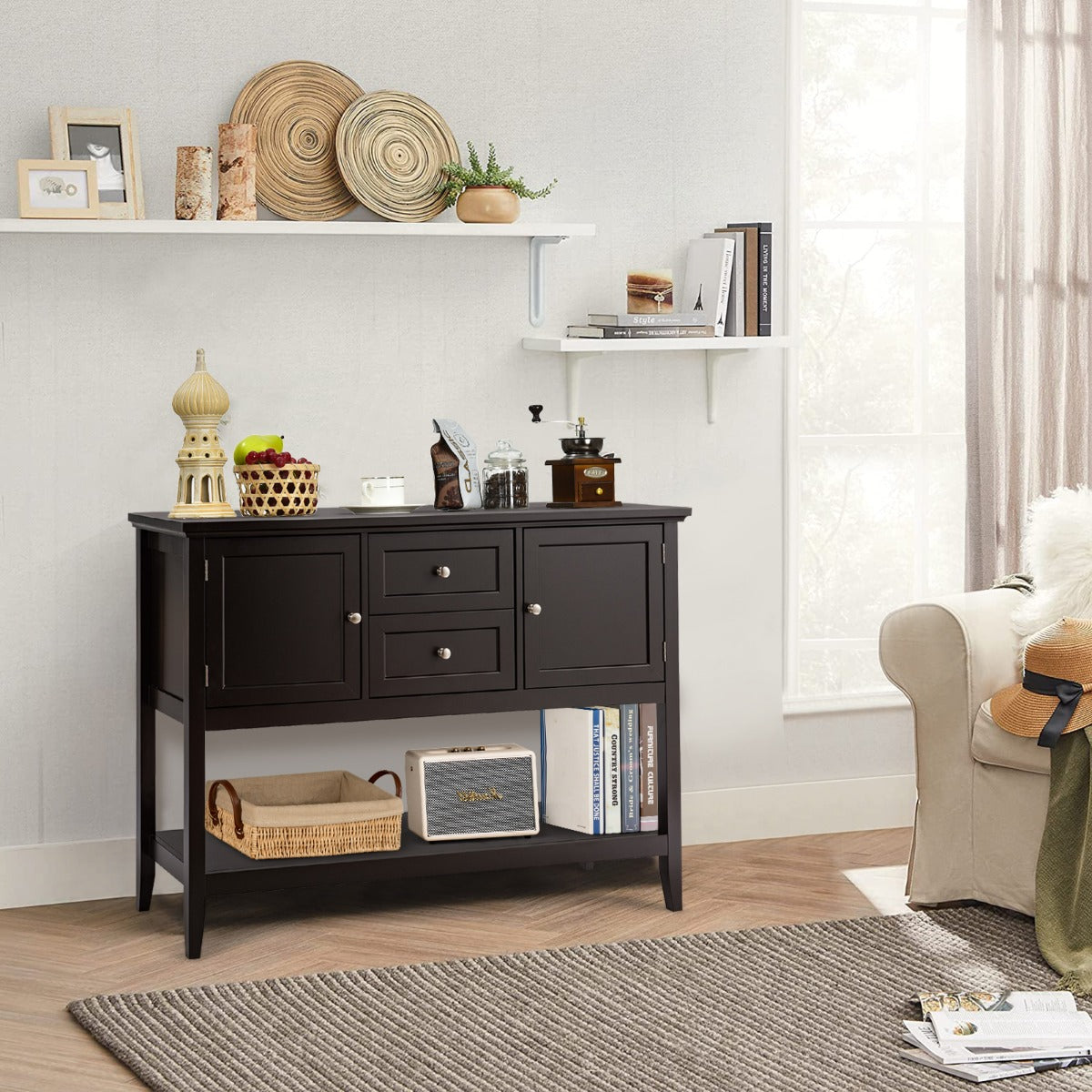 Wooden Buffet Table with Spacious Tabletop and Large Storage Rack-Brown