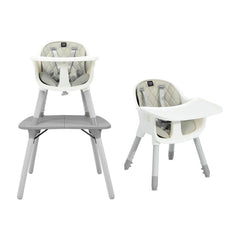 Convertible baby high chair with 2-position removable tray in grey, shown as a high chair and a separate low chair