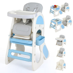 Convertible Baby High Chair with a grey seat and blue accents shown in various configurations