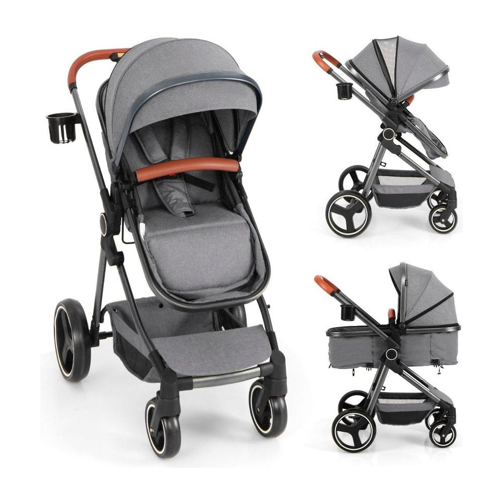 Convertible Baby Stroller with Footmuff and Extendable Canopy in grey, shown from the front with a side view inset