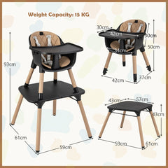 The high chair and table with arrows showing dimensions and weight capacity