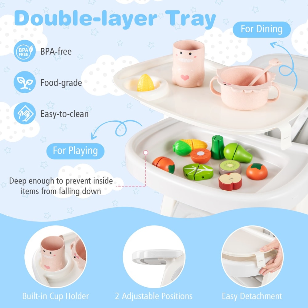 The feeding chair tray with food items and details on the adjustable positions