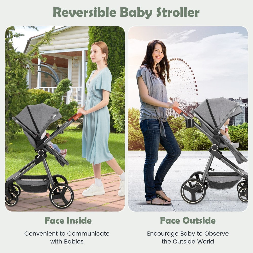 Two women pushing the grey baby stroller, one facing inwards and one facing outwards