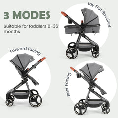 Grey baby stroller shown in three modes: forward facing, lay flat bassinet and rear facing