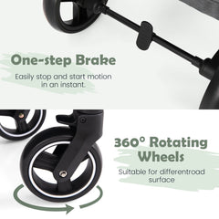 Close up of the grey baby stroller wheels and brake mechanism