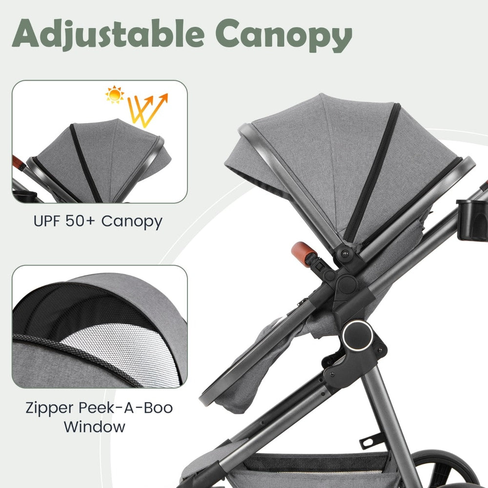 Close up of the grey baby stroller adjustable canopy with a peek-a-boo window