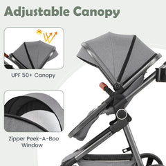 Close up of the grey baby stroller adjustable canopy with a peek-a-boo window