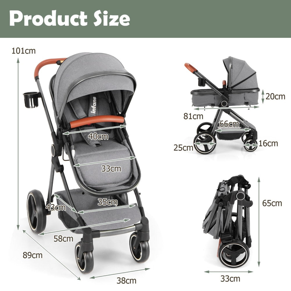 Grey baby stroller with dimensions shown for height, width, depth and folded size