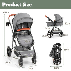 Grey baby stroller with dimensions shown for height, width, depth and folded size