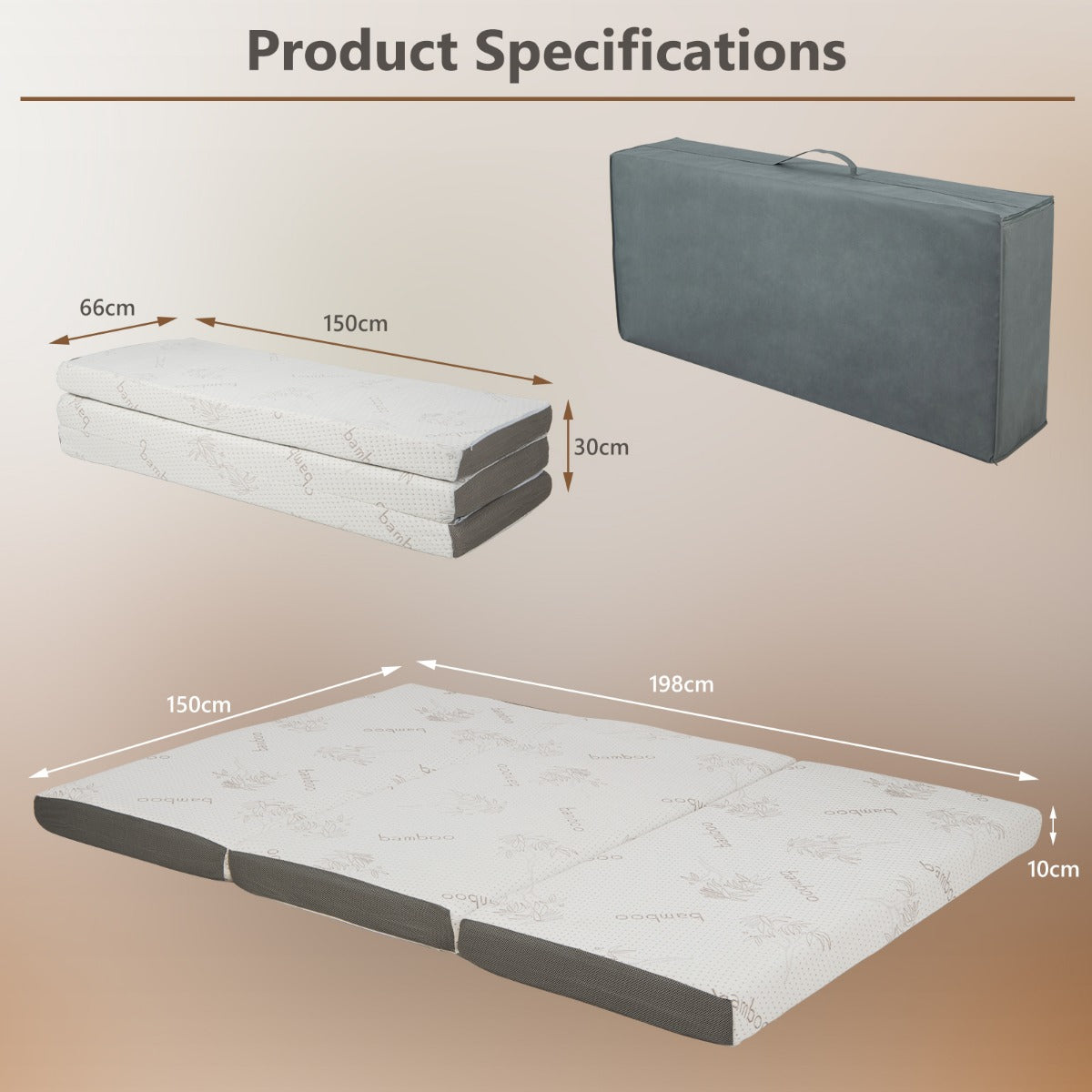Cooling Gel Memory Foam Folding Mattress with Bamboo Cover and Mesh Border Fabric-L