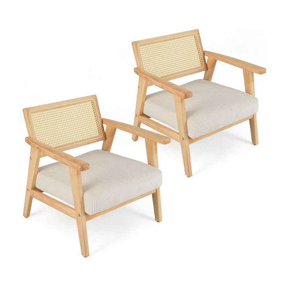 Corduroy Accent Chair set of two with light wood frames and woven cane backrests