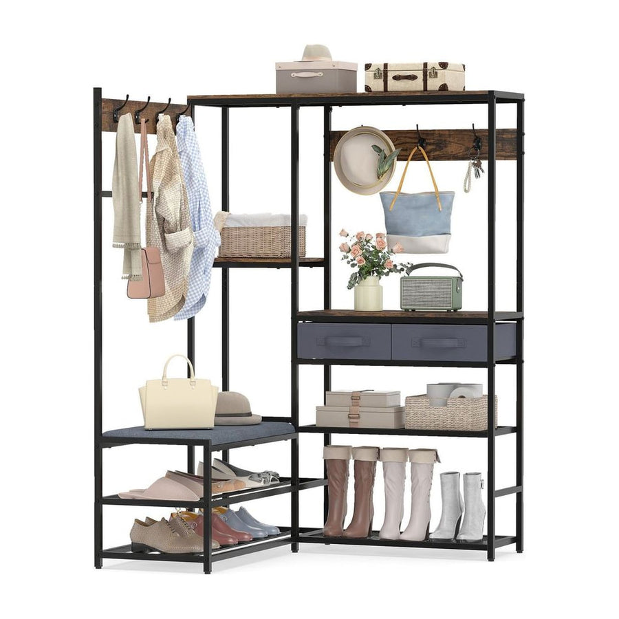 Corner Coat Rack with shoe bench and shelves for entryway in rustic brown