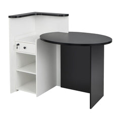 Corner Front Reception Counter Desk with Lockable Drawer, a black and white office desk with shelves and a drawer