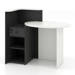Corner Front Reception Counter Desk with Lockable Drawer in black and white, a modern office desk with storage
