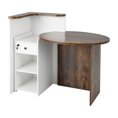 Corner Front Reception Counter Desk with Lockable Drawer, a coffee and white office desk with a curved desktop and shelving