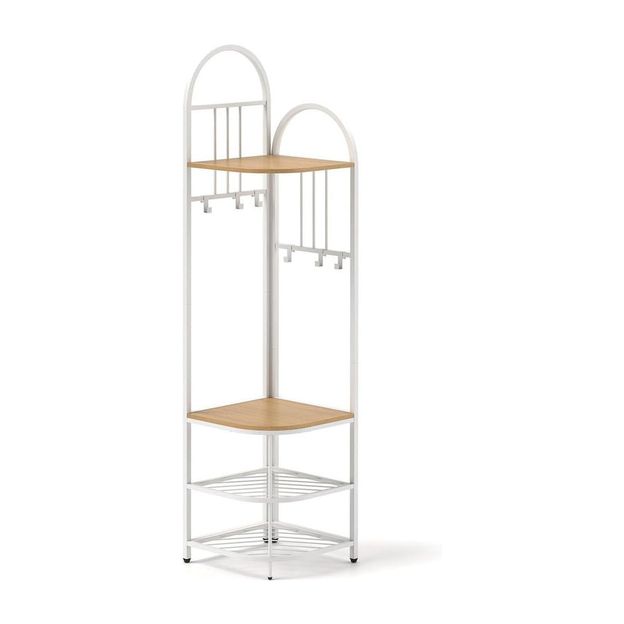 Corner Hall Tree 4-Tier Coat Rack in a natural wood and white metal finish against a plain background