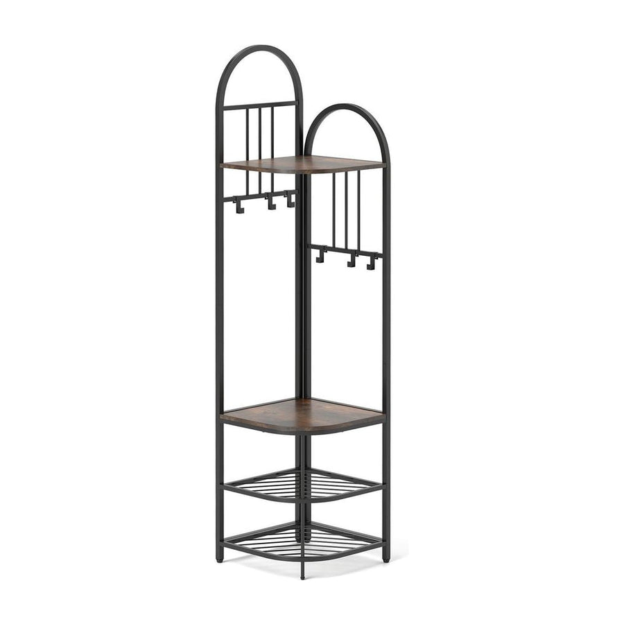 Corner Hall Tree 4-Tier Coat Rack with a metal frame and wooden shelves on a white background