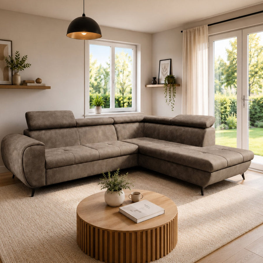 Corner Sofa Bed Mona Pik in a brown fabric finish shown in a bright living room setting