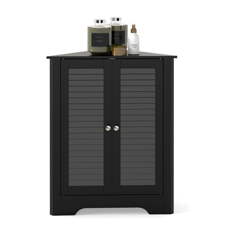 Corner storage cabinet display unit in black with two doors and silver handles